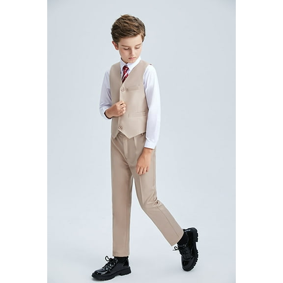 Wehilion Boys Suit 4PC Baby Suits Wedding Party Vest Suit Set Little Gentleman Waistcoat Prom Tuxedo Dress suit Outerwear Party Vest Shirt Tie Pants Outfits Clothes Set for Kids Khaki 14