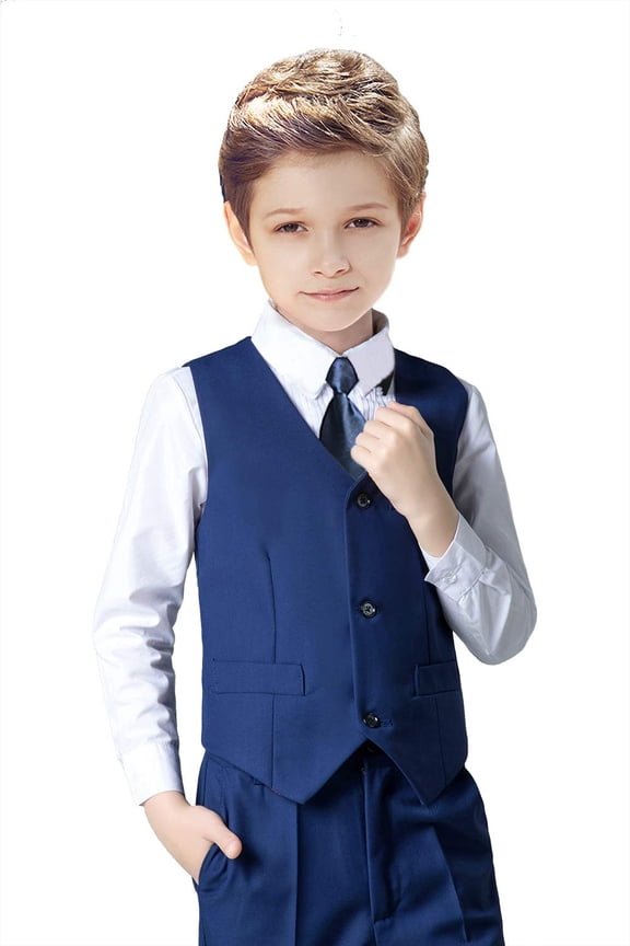 Boys Suit 4PC Baby Suits Wedding Party Vest Suit Set Little Gentleman Waistcoat Prom Tuxedo Dress suit Outerwear Party Vest+Shirt+Tie+Pants Outfits Clothes Set for Kids Navy Blue 7