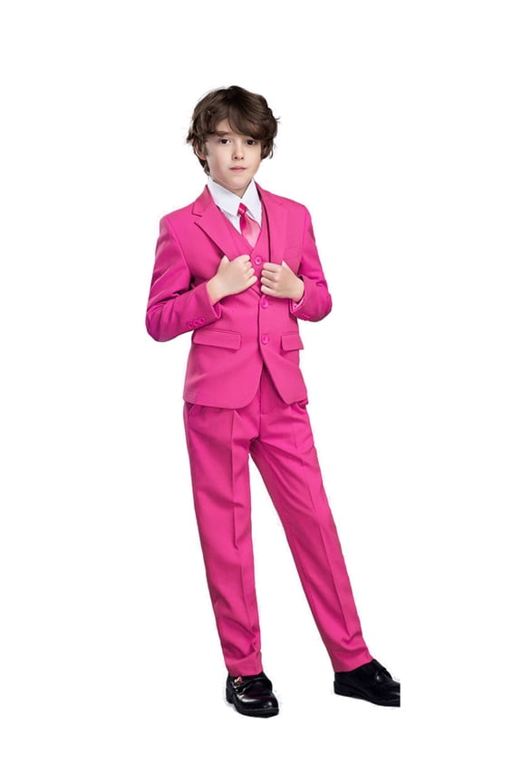 Boys Suits 5 Piece Set Slim Colorful Formal Fit Pink Kids Wedding Outfit Boys Dresswear Up Size 6 (Toddler, Little Boys, Big Boys)