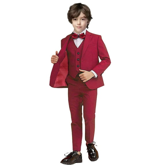 Wehilion Boys Suits 5 Piece Set Slim Colorful Formal Fit Wine red Kids Wedding Outfit Boys Dresswear Up Size 7Y (Toddler, Little Boys, Big Boys)
