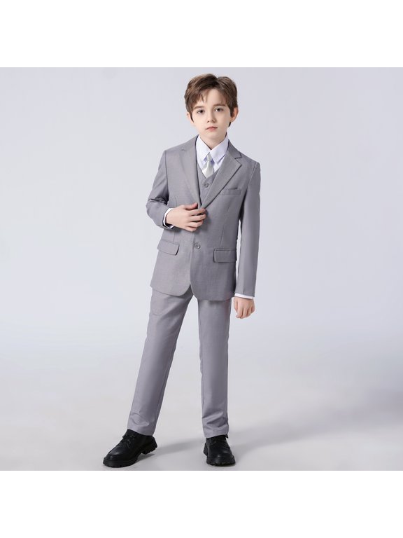 Boys Suits 5 Piece Set Slim Fit Grey Kids Wedding Outfit Boys Dresswear Up Size 5 (Toddler, Little Boys, Big Boys)