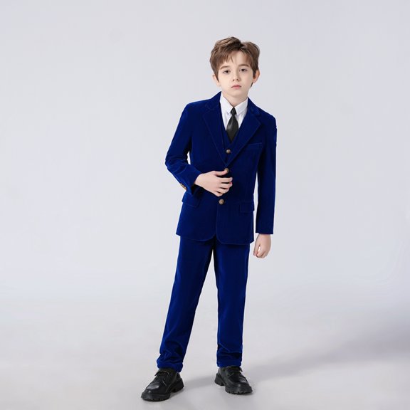 Wehilion Boys Velvet Blue Suits 5 Piece Slim Fit Dress Suit Set for Wedding