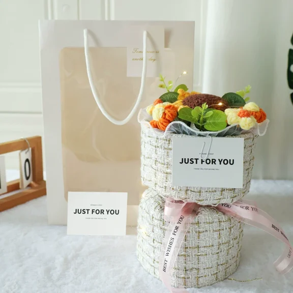 Wehilion Crochet Flowers Bouquet, Handmade Artificial Flowers Crochet Sunflower, Roses, tulips, daisies, Gift for Mother Wife on Birthday Anniversary