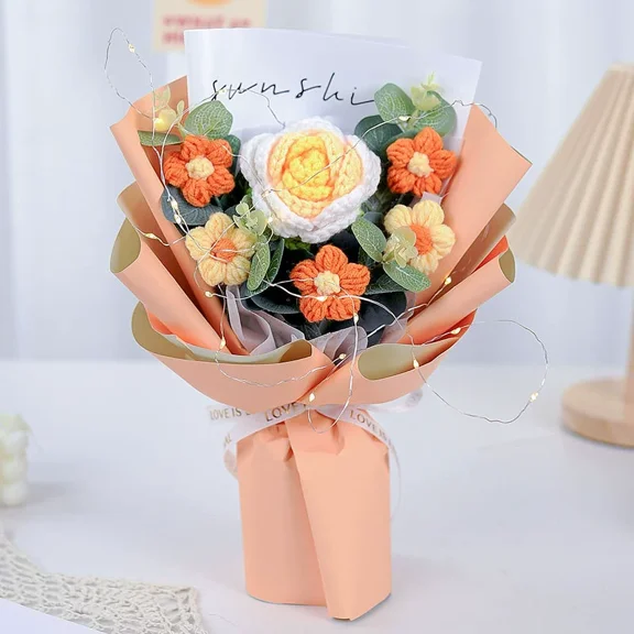 Wehilion Crochet Flowers Bouquet, Handmade Artificial Flowers Crochet Sunflower, Roses, tulips, daisies, for Women's Day Mothers Day Teacher’s Day Wedding Graduation Anniversary Birthday Home Decor