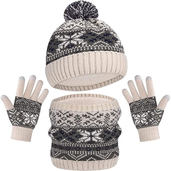 Wehilion European And American Winter Knitted Warm Gloves Hats Scarves Three Piece Set With Thick Velvet And Hat
