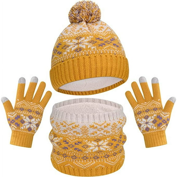 Wehilion European And American Winter Knitted Warm Gloves Hats Scarves Three Piece Set With Thick Velvet And Hat