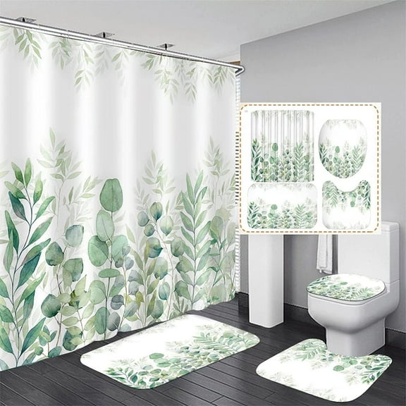Wehilion Green Leaves Shower Curtain Sets with Non-Slip Rug 4PCS, Toilet Lid Cover and Bath Mat, Plant Leaves Shower Curtain Sets with 12 Hooks, Shower Curtain for Bathroom Set Decor