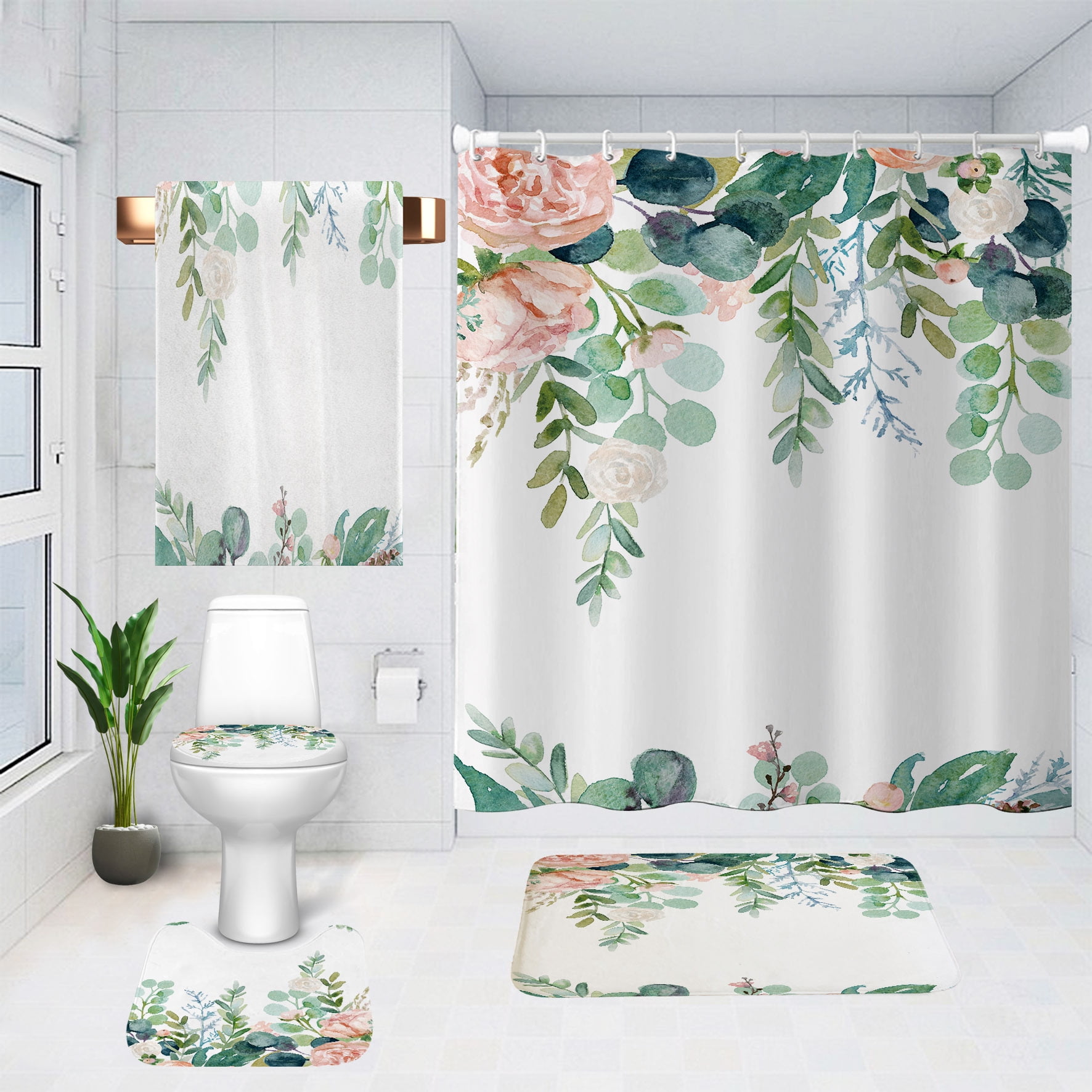 Wehilion Green Leaves Shower Curtain Sets with Non-Slip Rug 4PCS, Toilet Lid Cover and Bath Mat, Plant Leaves Shower Curtain Sets with 12 Hooks, Shower Curtain for Bathroom Set Decor