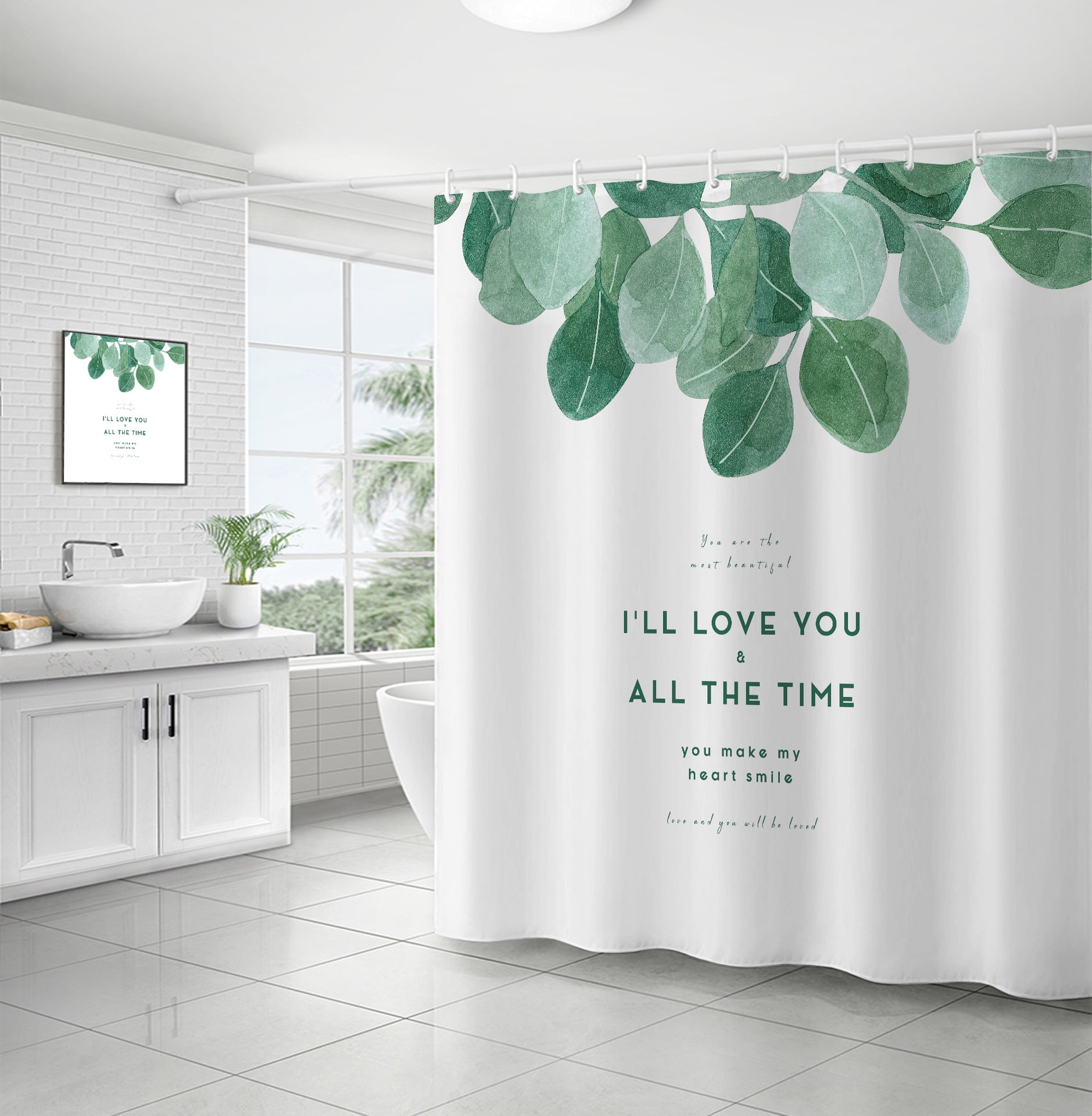 Wehilion Green Leaves Shower Curtain Sets with Non-Slip Rug 4PCS, Toilet Lid Cover and Bath Mat, Plant Leaves Shower Curtain Sets with 12 Hooks, Shower Curtain for Bathroom Set Decor