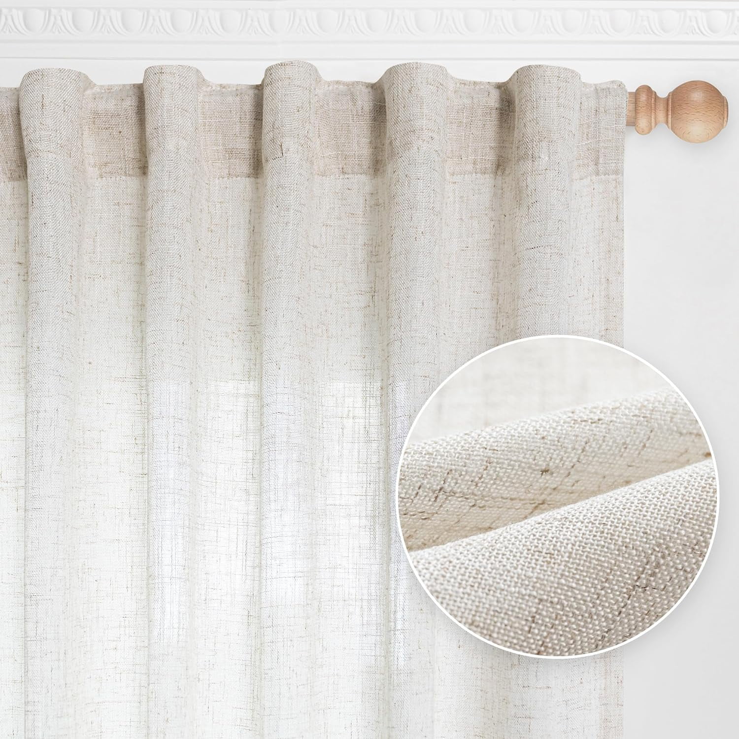 Wehilion Linen Curtains for Living Room, Natural Semi Sheer Curtains & Drapes 84 inches Length 2 Panels Set Farmhouse Country Boho Style Back Tab Draperies for Sliding Glass Door