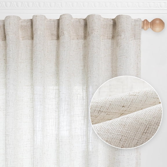 Wehilion Linen Curtains for Living Room, Natural Semi Sheer Curtains & Drapes 84 inches Length 2 Panels Set Farmhouse Country Boho Style Back Tab Draperies for Sliding Glass Door
