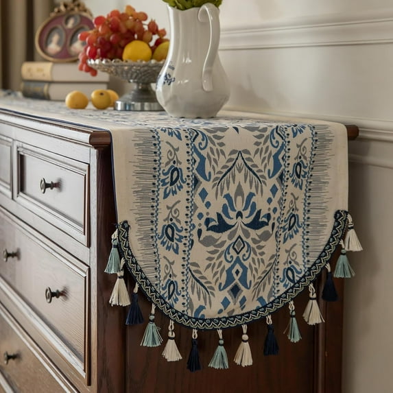 Wehilion Luxury Printed Spring Table Runner with Colorful Tassels Bohemia Style Linen Table Runner Long Vintage Kitchen Dining Table Decoration for Home Party Decor