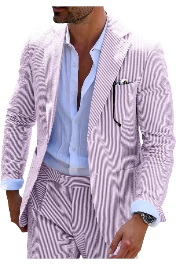 Men Suits Summer 2 Pieces Seersucker Suit Pinstrip Casual 2 Button Slim Fit Suits for Men Wedding Party Suit Jacket Pants