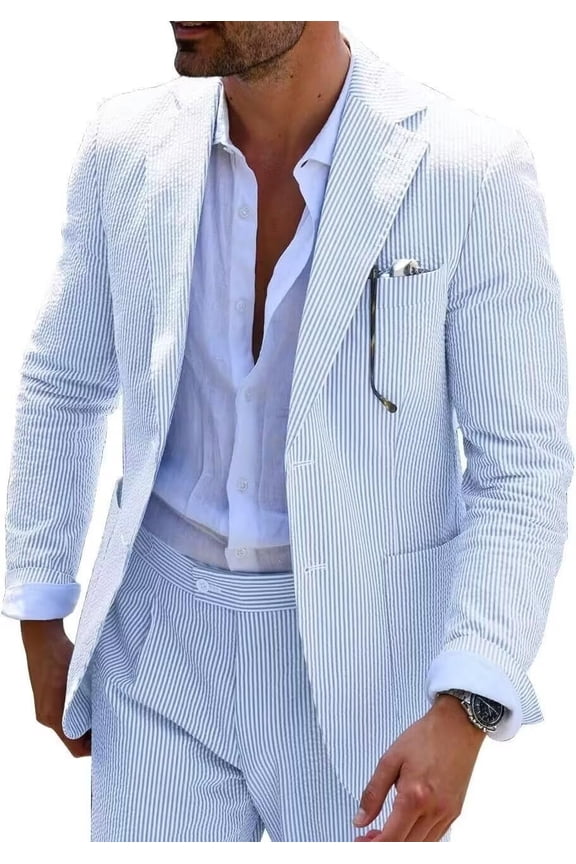 Men Suits Summer 2 Pieces Seersucker Suit Pinstrip Casual 2 Button Slim Fit Suits for Men Wedding Party Suit Jacket Pants