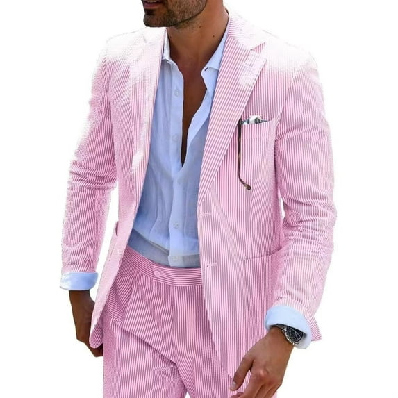 Wehilion Men Suits Summer 2 Pieces Seersucker Suit Pinstrip Casual 2 Button Slim Fit Suits for Men Wedding Party Suit Jacket Pants