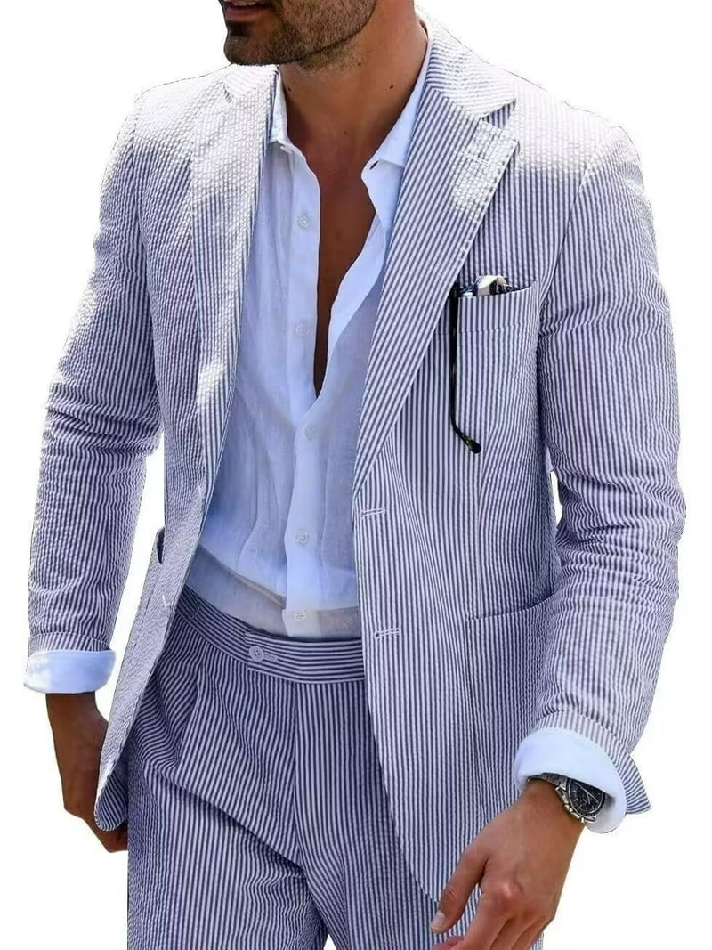Wehilion Men Suits Summer Pieces Seersucker Suit Pinstrip Casual