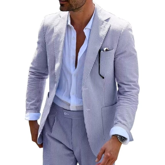 Wehilion Men Suits Summer 2 Pieces Seersucker Suit Pinstrip Casual 2 Button Slim Fit Suits for Men Wedding Party Suit Jacket Pants