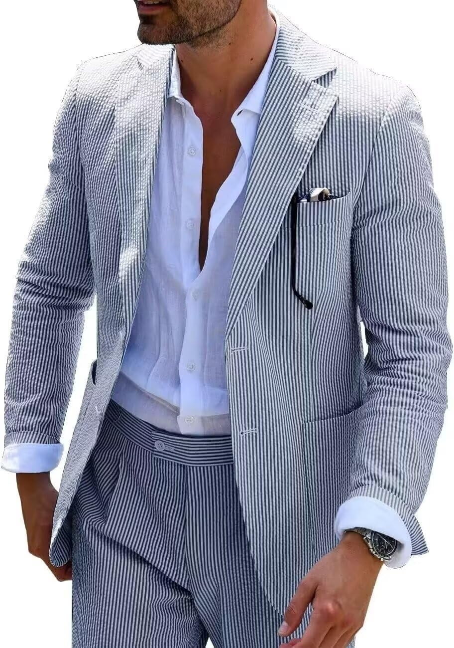 Sear Sucker Suit Mens Polye/Viscose Rayon 2 Button Flat Front Pants Jacket ~ Pinstripe Charcoal Seersucker Sear sucker suit main image 0