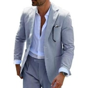Wehilion Men Suits Summer 2 Pieces Seersucker Suit Pinstrip Casual 2 Button Slim Fit Suits for Men Wedding Party Suit Jacket Pants