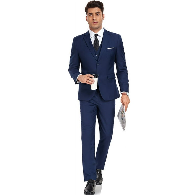 Wehilion Mens Slim Fit Suit One Button 3 Piece Blazer Dress Business Wedding Party Jacket Vest Pant Navy Blue M Men s Size Medium