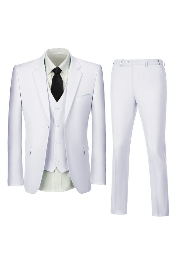 Men's Suit Slim Fit 3-Piece Suit Casual Blazer Business Wedding Party Jacket Vest Pants White M