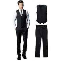 Wehilion Men's Suits 2 Pieces Wedding Suits Vest+Pants Tuxedos Set V-Neck Slim Fit Casual Waistcoat Suit Black