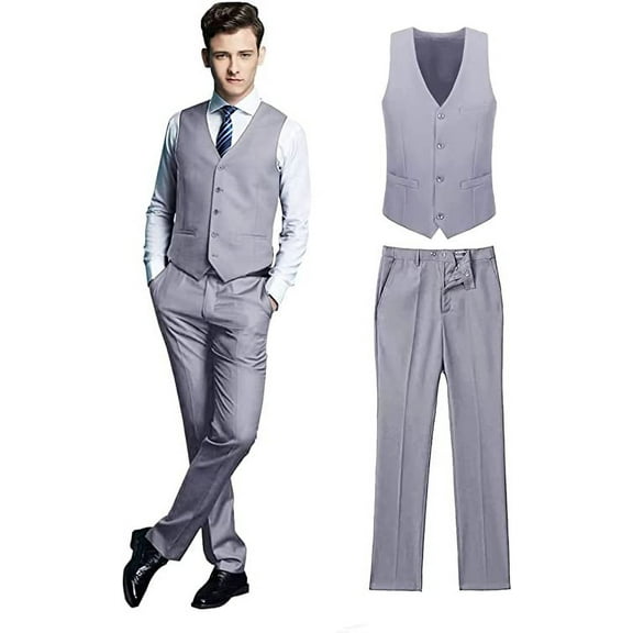 Wehilion Men's Suits 2 Pieces Wedding Suits Vest Pants Tuxedos Set V-Neck Slim Fit Casual Waistcoat Suit Gray