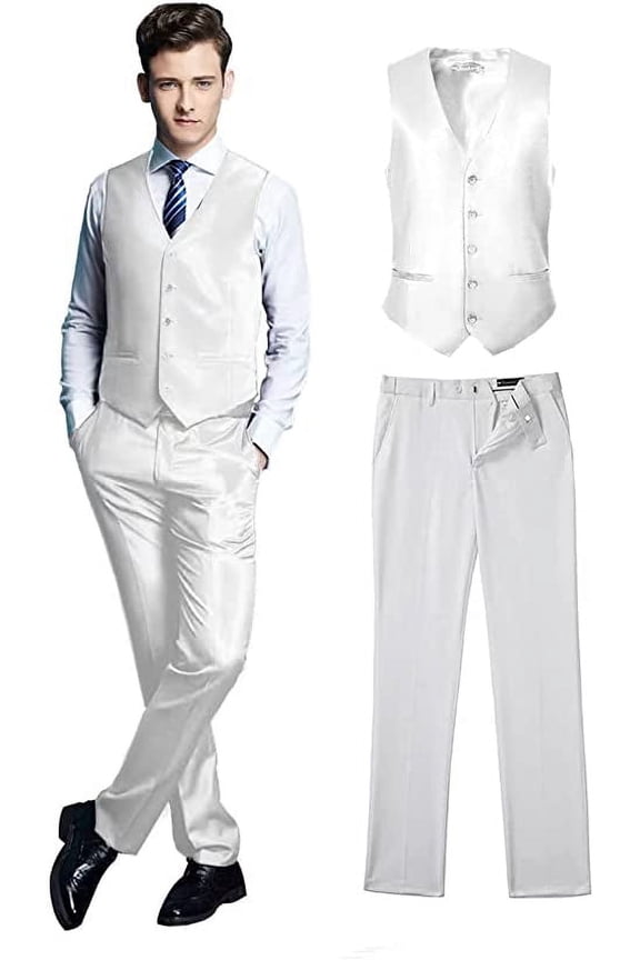 Men's Suits 2 Pieces Wedding Suits Vest+Pants Tuxedos Set V-Neck Slim Fit Casual Waistcoat Suit White