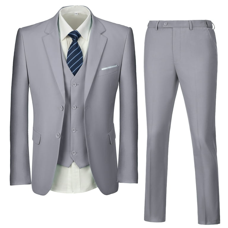 Wehilion Mens Suits Set Slim Fit Men 3 Piece Dress Suit Prom Blazer Wedding  Formal Jacket & Vest & Pants Gray XXL