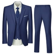 Wehilion Mens Suits Set Slim Fit Men 3 Piece Dress Suit Prom Blazer Wedding Formal Jacket & Vest & Pants Navy Blue L