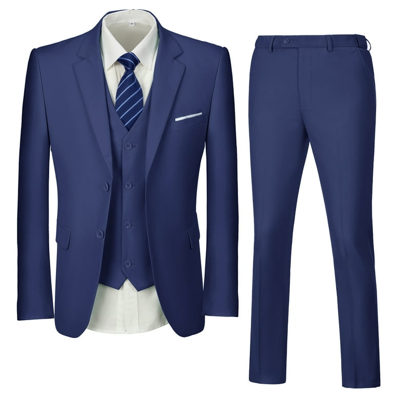 Wehilion Mens Suits Set Slim Fit Men 3 Piece Dress Suit Prom Blazer Wedding  Formal Jacket & Vest & Pants Navy Blue L