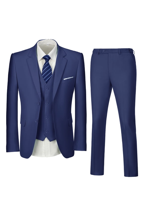 Mens Suits Set Slim Fit Men 3 Piece Dress Suit Prom Blazer Wedding Formal Jacket & Vest & Pants Navy Blue S
