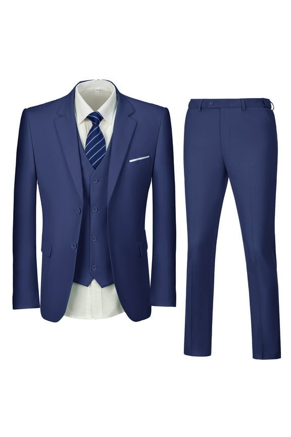 Mens Suits Set Slim Fit Men 3 Piece Dress Suit Prom Blazer Wedding Formal Jacket & Vest & Pants Navy Blue XL
