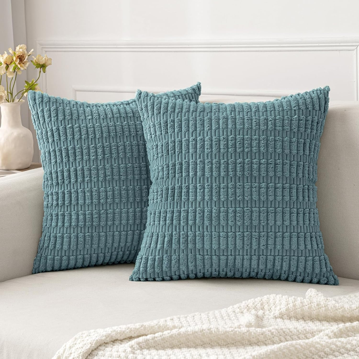 Wehilion Pack of 2 Corduroy Decorative Throw Pillow Covers Soft Boho Striped Pillow Covers Modern Farmhouse Christmas Home Decor for Sofa Living Room Couch Bed