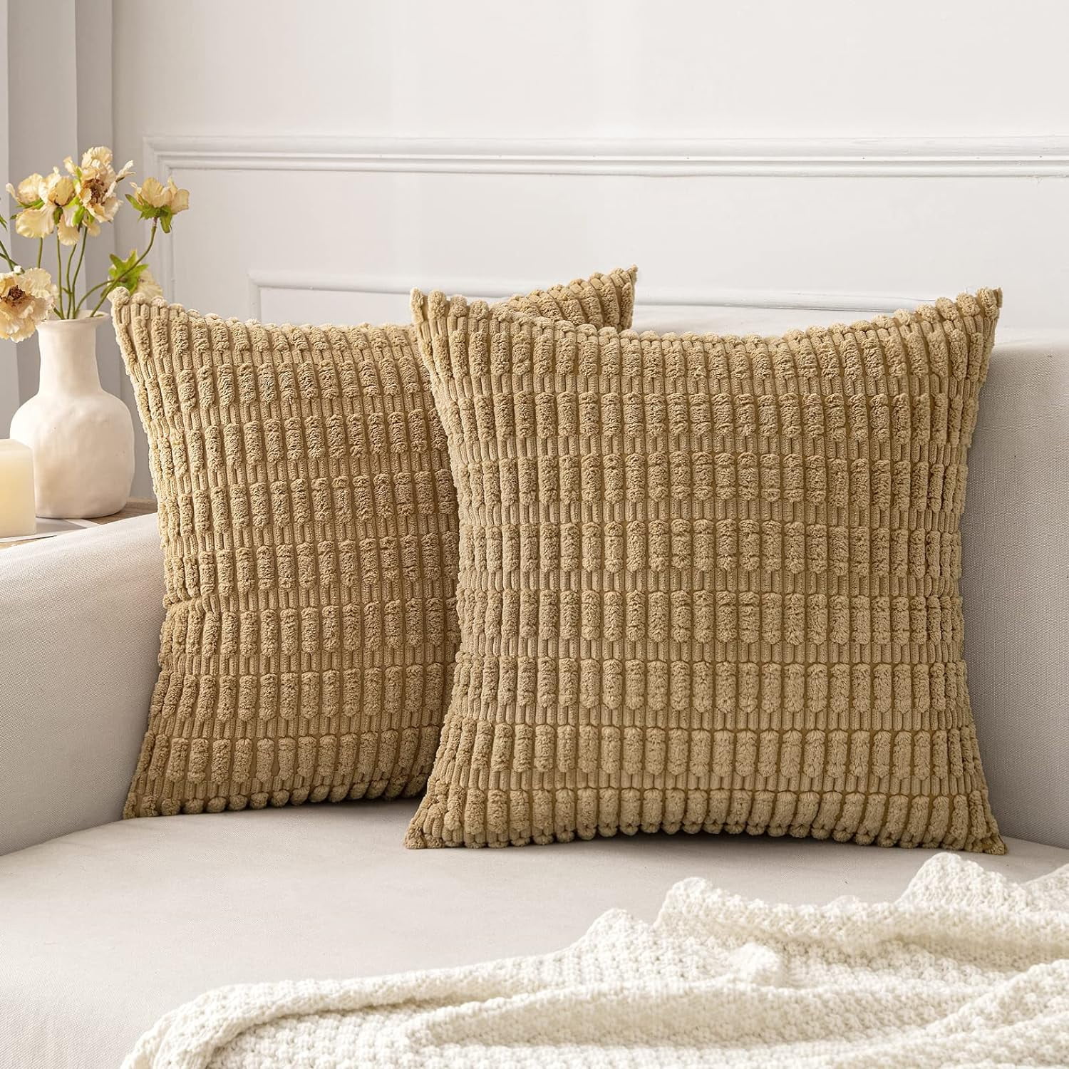 Wehilion Pack of 2 Corduroy Decorative Throw Pillow Covers Soft Boho Striped Pillow Covers Modern Farmhouse Christmas Home Decor for Sofa Living Room Couch Bed