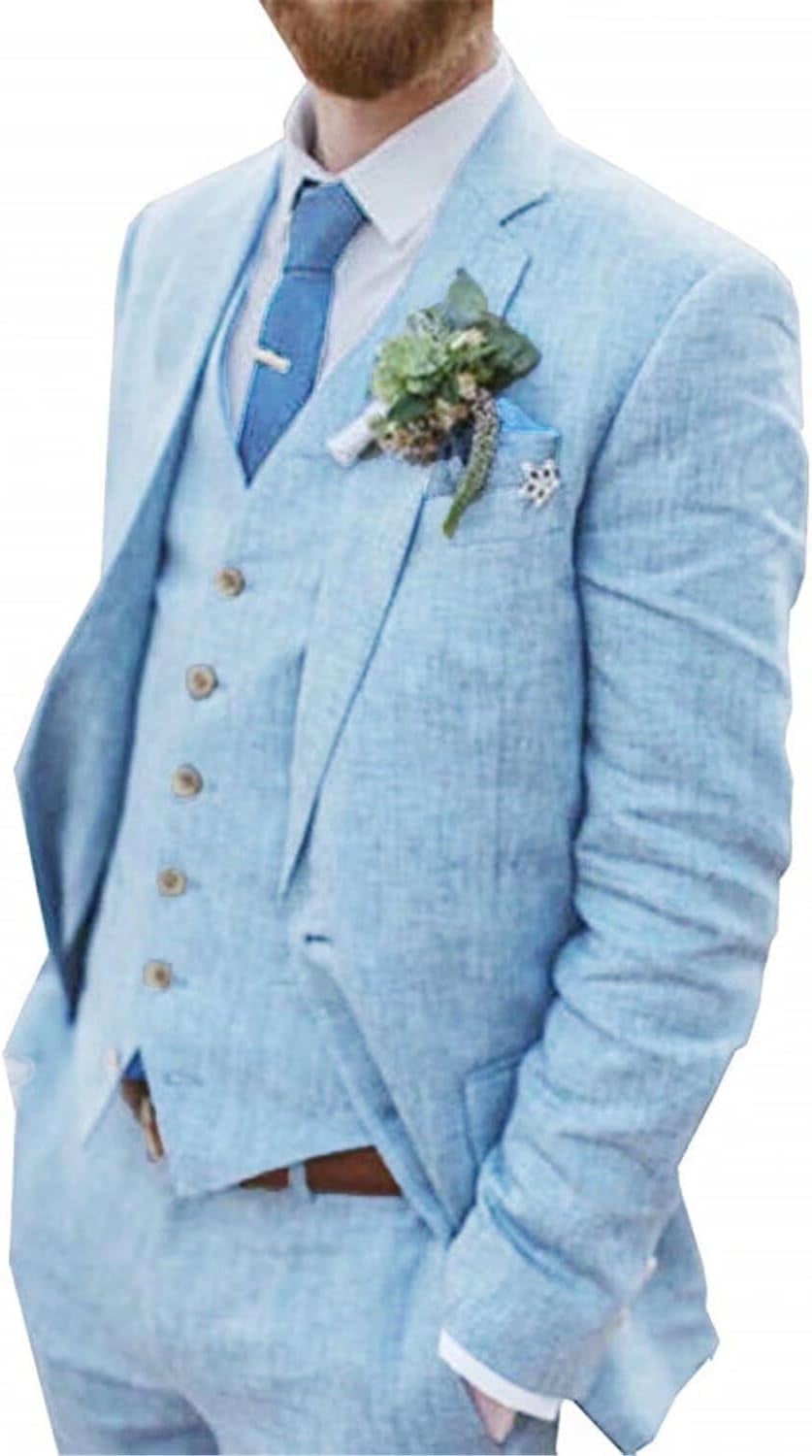 Wehilion Retro Linen Men Suit 3 Pcs Beach Wedding Suit Summer Slim Fit Light Weight Linen Suit Jacket Vest Pant Tuxedo Walmart