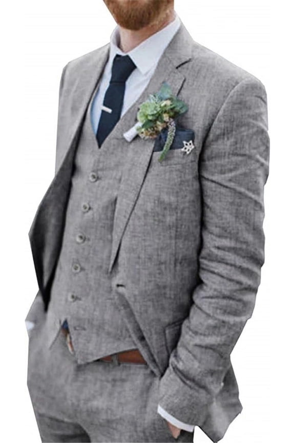 Retro Linen Men Suit 3 Pcs Beach Wedding Suit Summer Slim Fit Light Weight Linen Suit Jacket Vest Pant Tuxedo