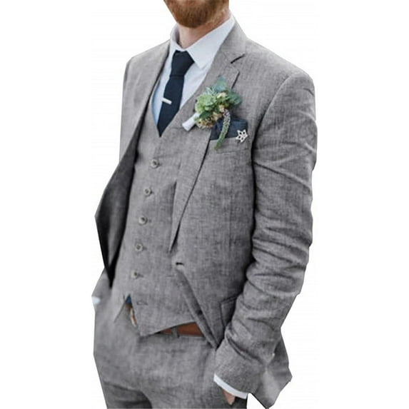 Wehilion Retro Linen Men Suit 3 Pcs Beach Wedding Suit Summer Slim Fit Light Weight Linen Suit Jacket Vest Pant Tuxedo