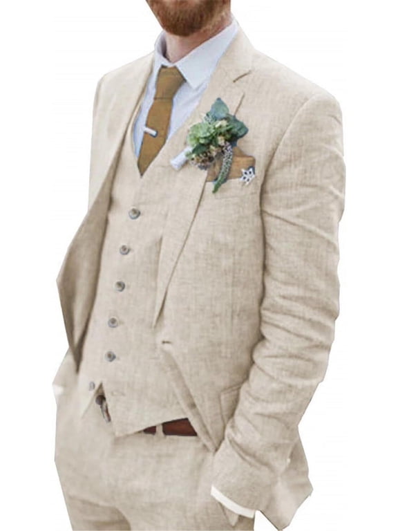 Retro Linen Men Suit 3 Pcs Beach Wedding Suit Summer Slim Fit Light Weight Linen Suit Jacket Vest Pant Tuxedo