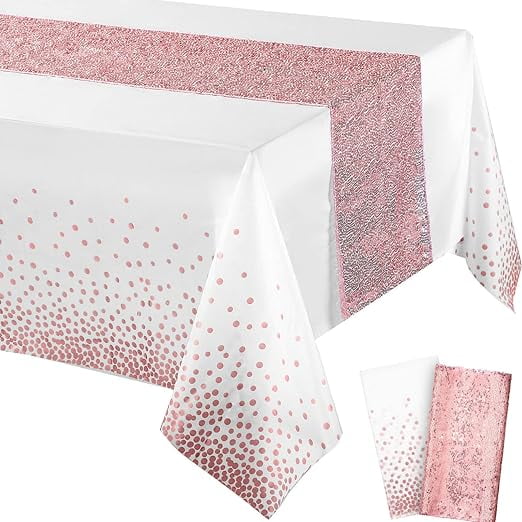 Wehilion Rose Gold Table Runner(12 x108 Inch) and Rectangle Disposable Plastic Table Cloths(54 x108 Inch) Table Cover for Wedding Birthday Baby Shower Anniversary Christmas