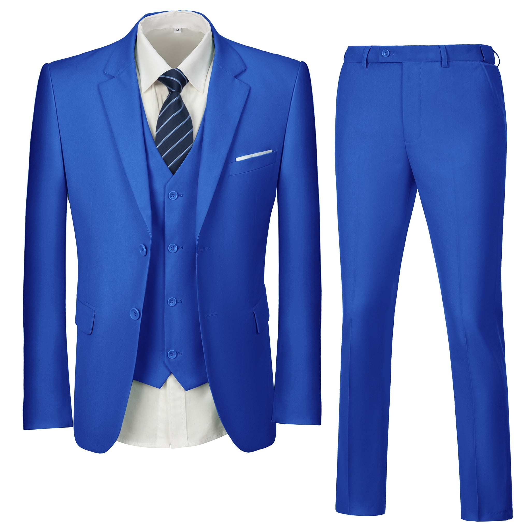 Wehilion Mens Suits Set Slim Fit Men 3 Piece Dress Suit Prom Blazer Wedding  Formal Jacket & Vest & Pants Navy Blue L 