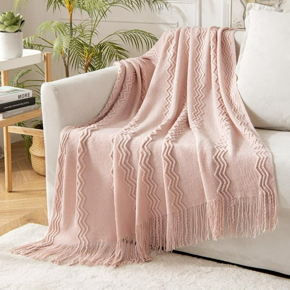 Wehilion Textured Knit Woven Blanket, Knitted Throw Blanket for Couch Textured Knit Blanket with Tassels Cozy Woven Boho Bed Blanket for Sofa Bed Chair Acrylic Wave Pattern