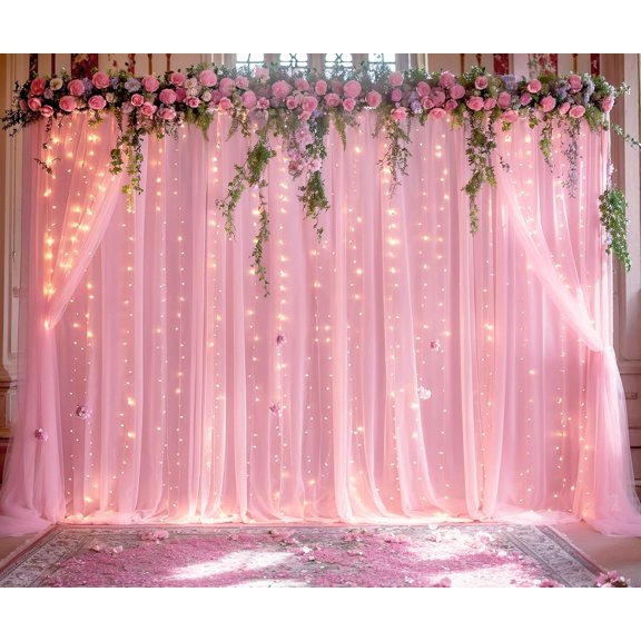 Wehilion Tulle Backdrop Curtains with Lights String for Parites Baby Shower Decorations for Boy Bridal Shower Birthday Party Photo Shoot Background Wall Decorations