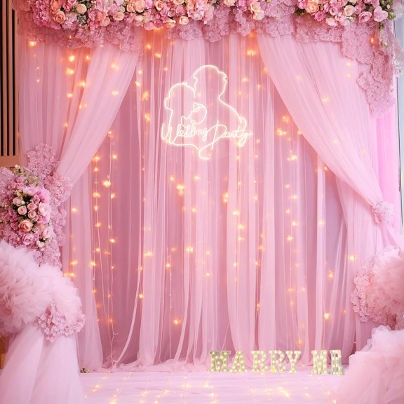 Wehilion Tulle Backdrop Curtains with Lights String for Parites Baby Shower Decorations for Boy Bridal Shower Birthday Party Photo Shoot Background Wall Decorations