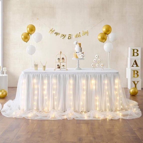 Wehilion Tulle Table Skirt Ruffle Tutu Table Cloth, LED Table Skirt for Rectangle Table for Baby Shower Wedding, Birthday Party Decoration