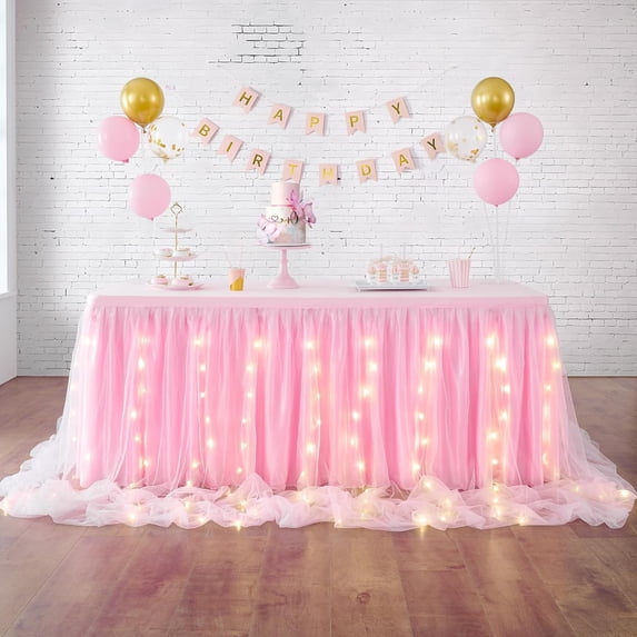 Wehilion Tulle Table Skirt Ruffle Tutu Table Cloth, LED Table Skirt for Rectangle Table for Baby Shower Wedding, Birthday Party Decoration