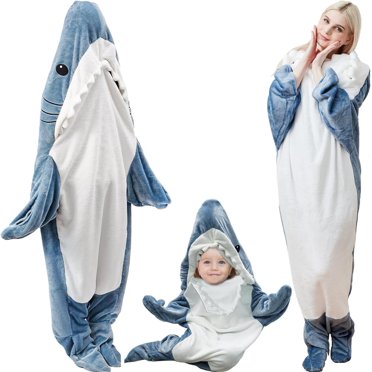 Wearable Shark Blanket Hoodie – Soft Fleece Onesie Pajamas With Hood, Tail & Zipper For Adults & Kids