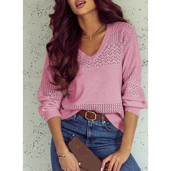 Wehilion Women  Pullover Hollow Out Long Sleeve Sweaters Sweater Crochet Sweater Lightweight V Neck Knit Sweaters