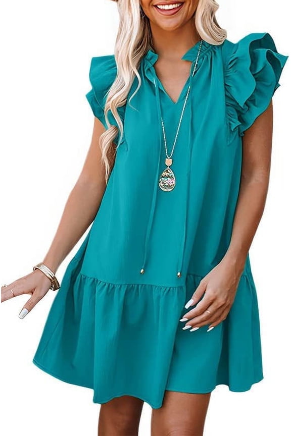 Womens 2023 Summer V-Neck Drawstring Ruffle Cap Short Sleeve Side Pockets Mini Dress Sundress