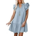 thumbnail image 1 of Wehilion Womens 2023 Summer V-Neck Drawstring Ruffle Cap Short Sleeve Side Pockets Mini Dress Sundress, 1 of 6
